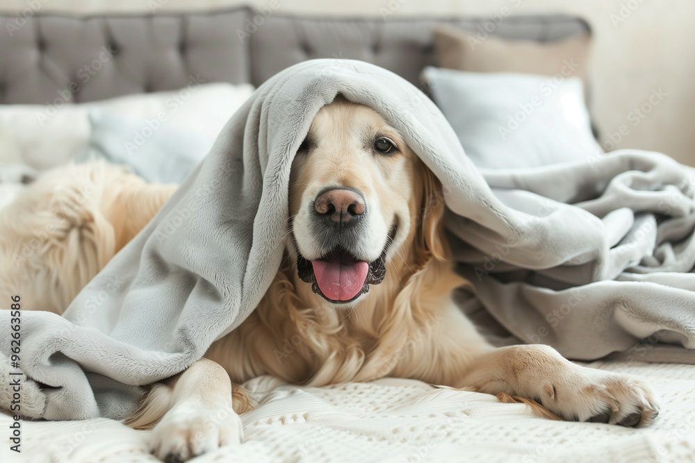 Obraz premium A happy smiling golden retriever dog wrapped cozily in a soft gray blanket on a comfortable bed in a well-lit bedroom, radiating warmth and joy