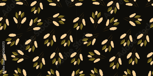 Seamless pattern of flowering twigs. Dark background. The image has a vintage feel