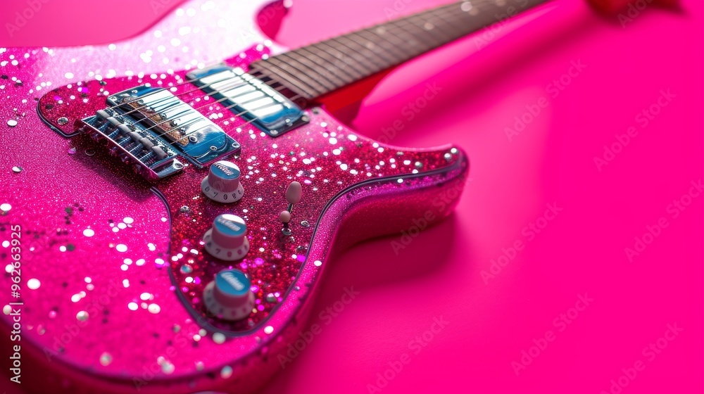 Detailed view of a sparkling pink electric guitar, highlighting its shiny body and intricate parts. The vibrant pink setting enhances the glamorous feel, perfect for music and fashion projects.