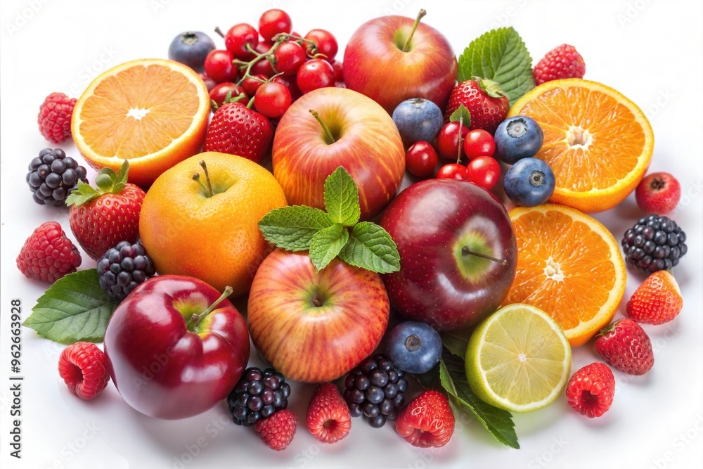 Vibrant assortment of fresh fruits with apples, oranges, berries, and lime on white background Vibrant assortment of fresh fruits with apples, oranges, berries, and lime on white background