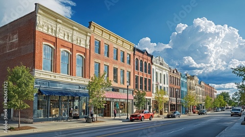 Vibrant Downtown Cityscape with Colorful Buildings and Cloudy Sky