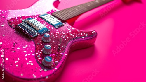 Obraz na płótnie Detailed view of a sparkling pink electric guitar, highlighting its shiny body and intricate parts. The vibrant pink setting enhances the glamorous feel, perfect for music and fashion projects. w salonie
