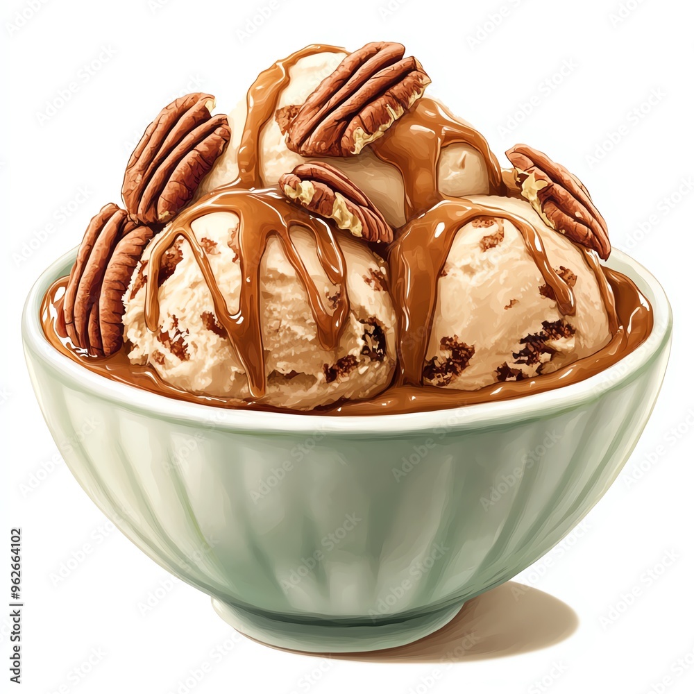 A bowl of Thanksgiving ice cream topped with caramel and pecans clipart, cozy and inviting, rich fall colors, digital painting, isolated on white background A bowl of Thanksgiving ice cream topped with caramel and pecans clipart, cozy and inviting, rich fall colors, digital painting, isolated on white background