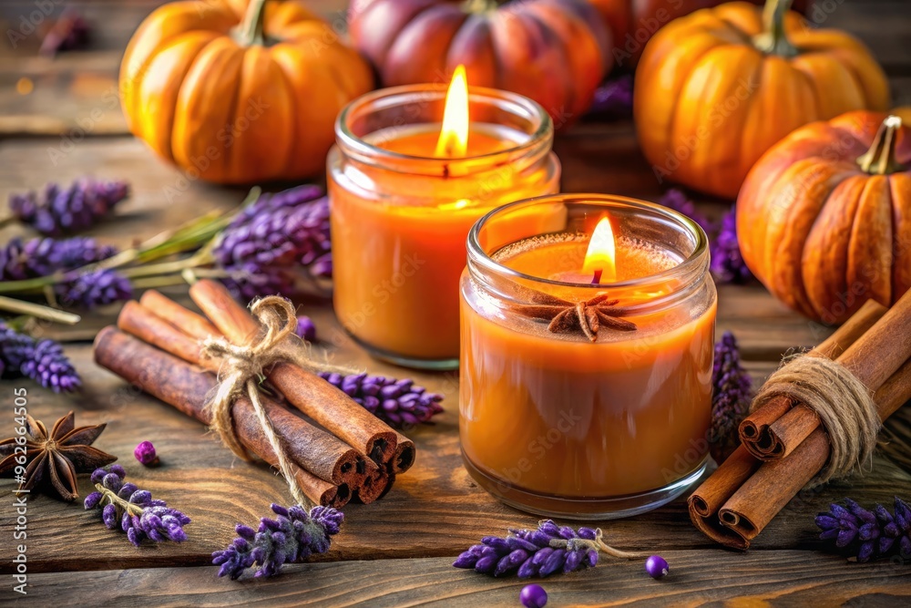 Lit candles surrounded by pumpkins and cinnamon sticks. Lit candles surrounded by pumpkins and cinnamon sticks.