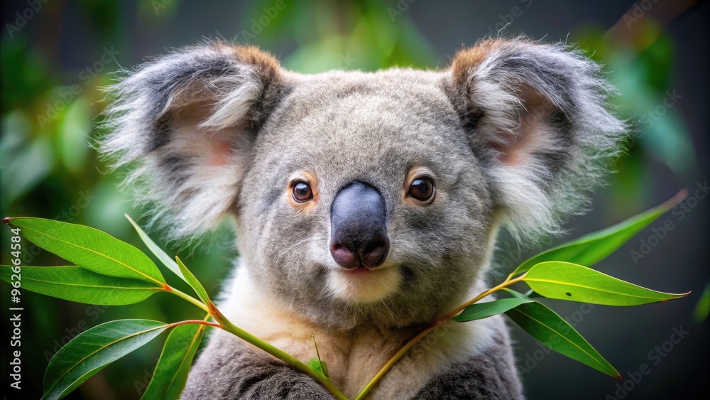 Adorably Fluffy Koala Bear With Velvety Fur And Eucalyptus Leaf Adorning Its Head, Charmingly Looking At The Camera Adorably Fluffy Koala Bear With Velvety Fur And Eucalyptus Leaf Adorning Its Head, Charmingly Looking At The Camera