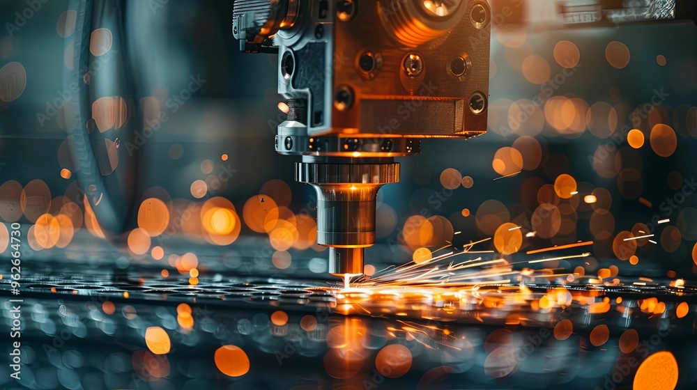Industrial Laser Cutting Machine in Operation with Sparks Industrial Laser Cutting Machine in Operation with Sparks