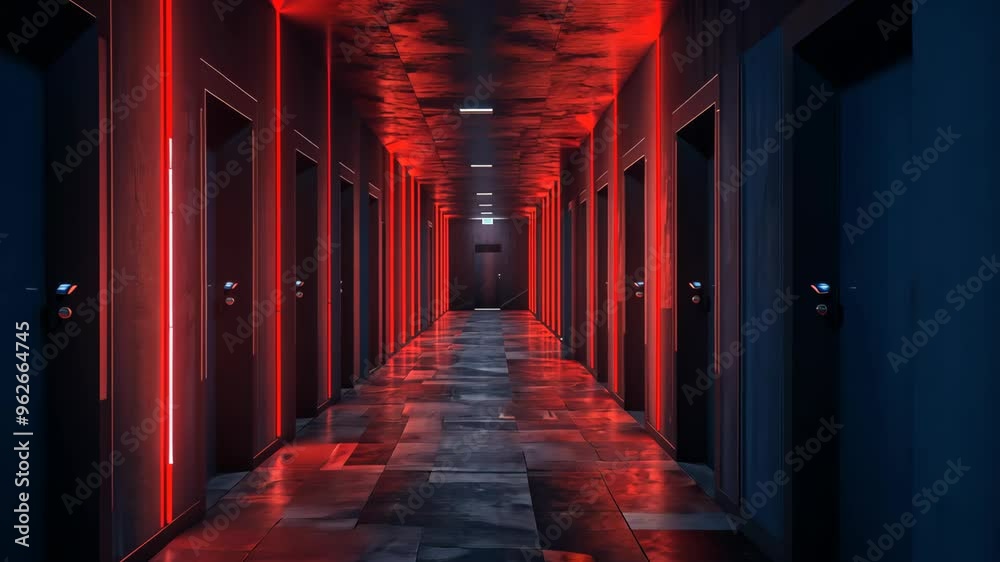 Exploring a dimly lit corridor with red neon lights in an urban hotel setting at night