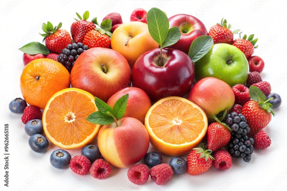 Fresh assorted fruits with apples oranges berries and peach on white background Fresh assorted fruits with apples oranges berries and peach on white background