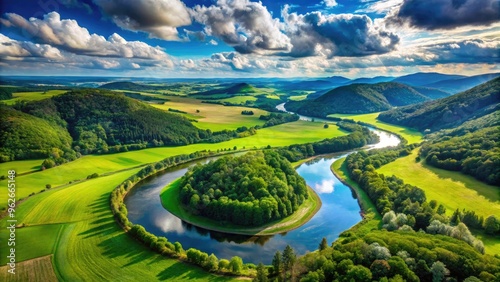 Aerial View Of A Meandering River Flowing Through A Lush Green Valley, Framed By Distant Hills And A Vibrant Blue Sky.