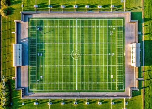 Aerial View Of A Regulation American Football Field With Yard Line Markings And End Zones On A Sunny Day photo