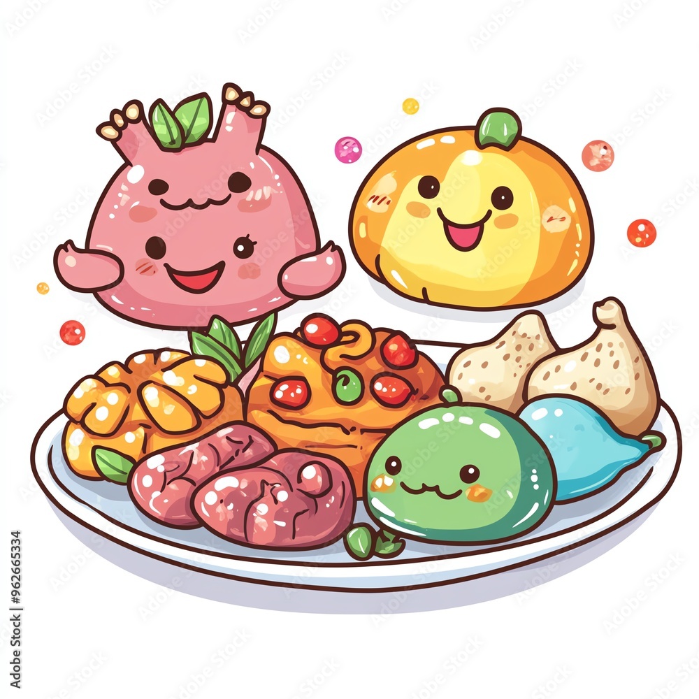 A kawaii Thanksgiving dinner plate clipart, cute food characters, pastel colors, digital painting, isolated on white background A kawaii Thanksgiving dinner plate clipart, cute food characters, pastel colors, digital painting, isolated on white background