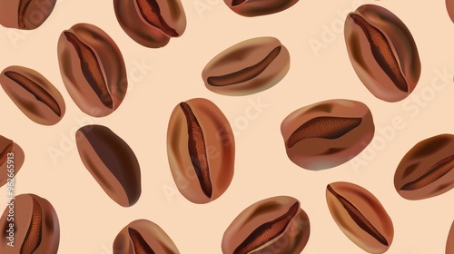 Realistic coffee beans pattern in shades of brown on a beige background. Ideal for coffee shop branding and packaging.