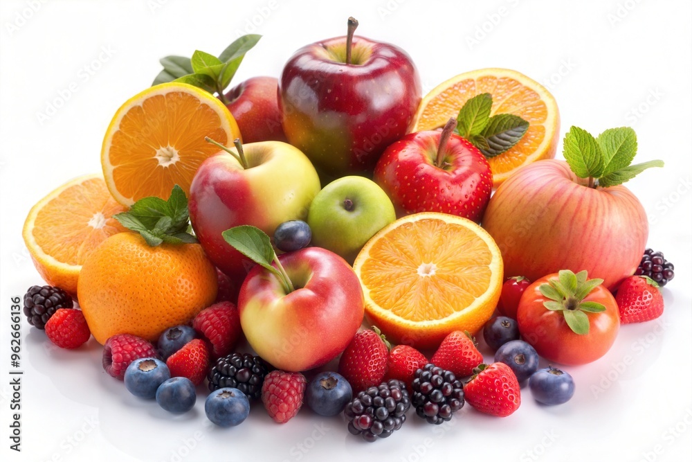 Vibrant display of fresh fruits featuring apples, oranges, berries, and mint leaves Vibrant display of fresh fruits featuring apples, oranges, berries, and mint leaves