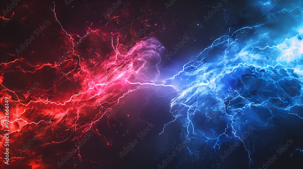 a dramatic clash between two opposing forces, represented by vibrant red and blue lightning-like energy fields The interplay of the glowing streaks and the contrasting colors a dramatic clash between two opposing forces, represented by vibrant red and blue lightning-like energy fields The interplay of the glowing streaks and the contrasting colors