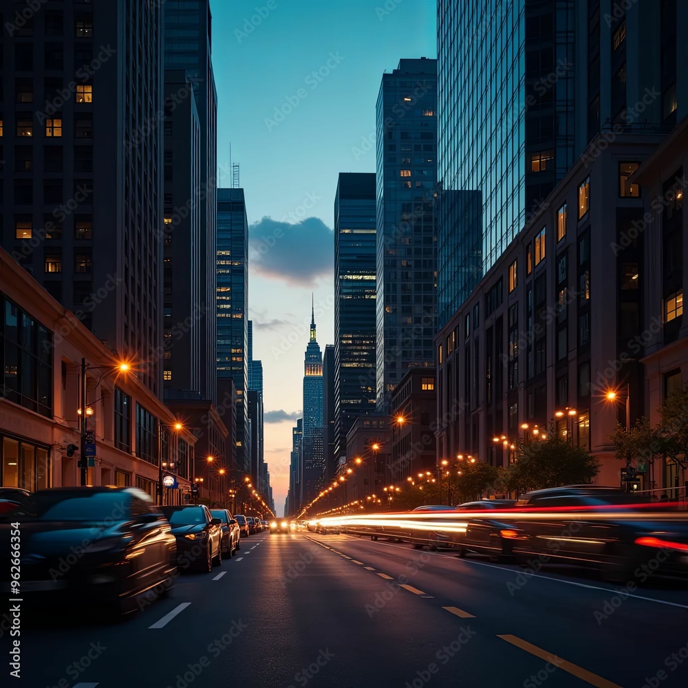 Evening view of bustling city streets, illuminated lights Evening view of bustling city streets, illuminated lights