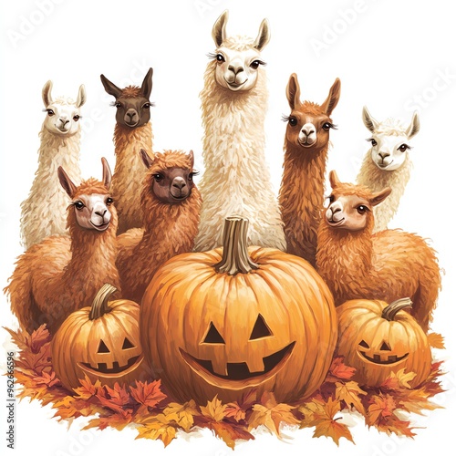 Wallpaper Mural A group of llamas gathered around a Thanksgiving pumpkin clipart, playful and cute, warm autumn hues, digital painting, isolated on white background Torontodigital.ca