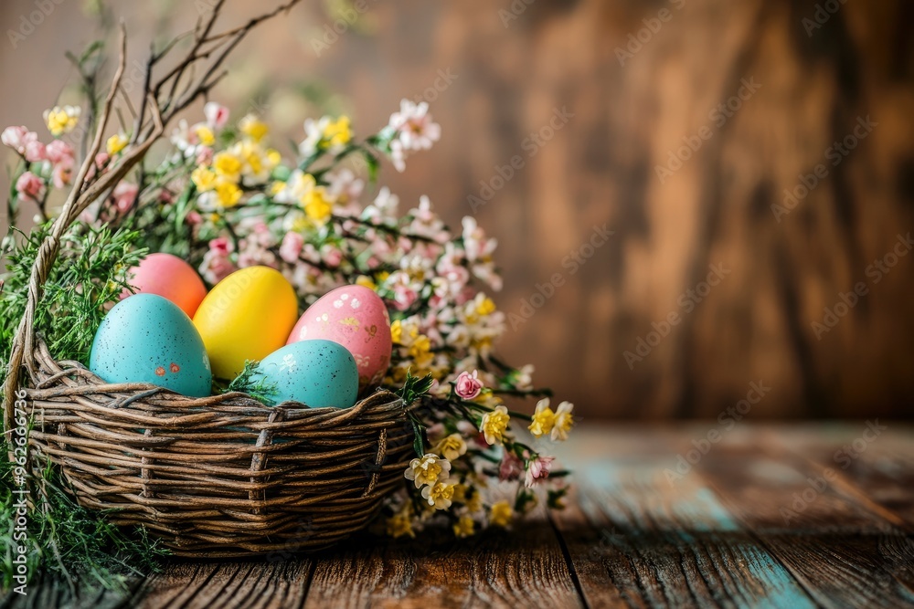 Easter eggs in a basket on a wooden background with flowers, copy-space with generative ai Easter eggs in a basket on a wooden background with flowers, copy-space with generative ai