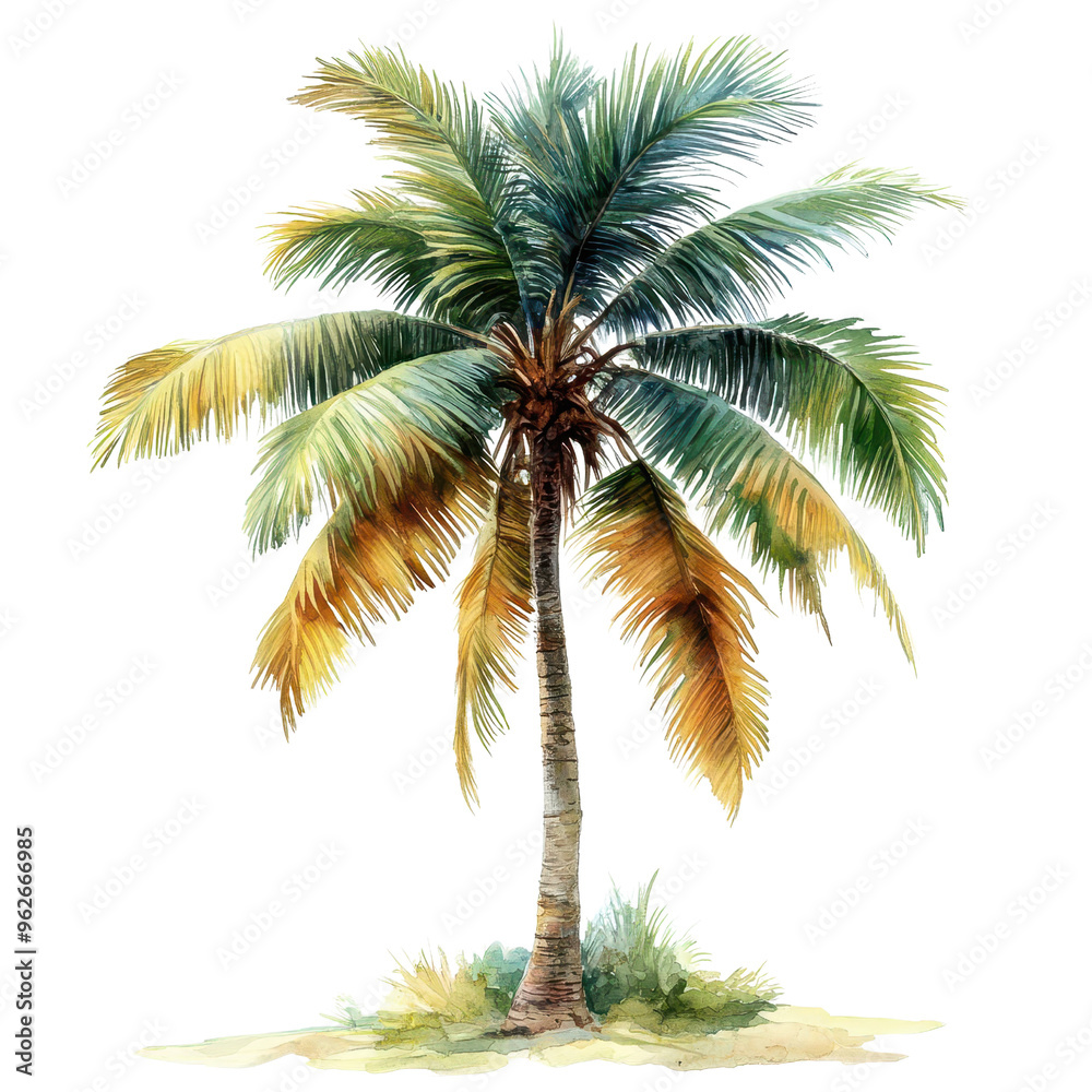 Fototapeta premium A vibrant palm tree illustration featuring lush green leaves and a sturdy trunk, perfect for tropical or vacation-themed designs.