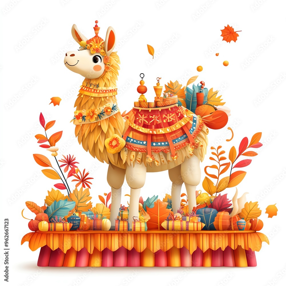 Obraz premium A Thanksgiving parade with a giant llama float clipart, festive and fun, rich fall colors, digital illustration, isolated on white background