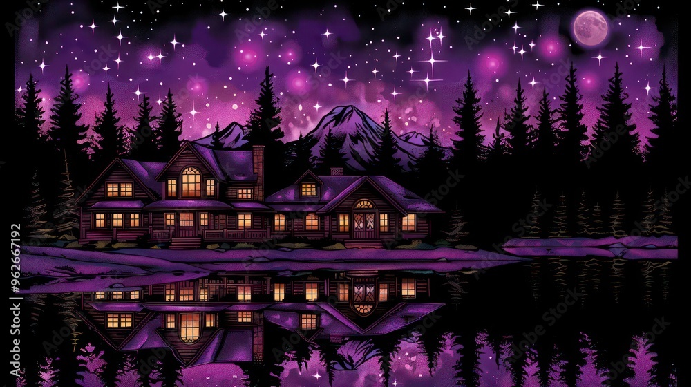 A serene night scene featuring a cozy cabin by a lake, surrounded by mountains and a starry sky. A serene night scene featuring a cozy cabin by a lake, surrounded by mountains and a starry sky.