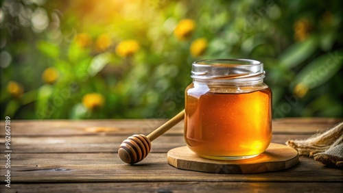 Bottle of honey in a glass jar , sweet, natural, organic, healthy, golden, delicious, food, ingredient, sticky,container, glass