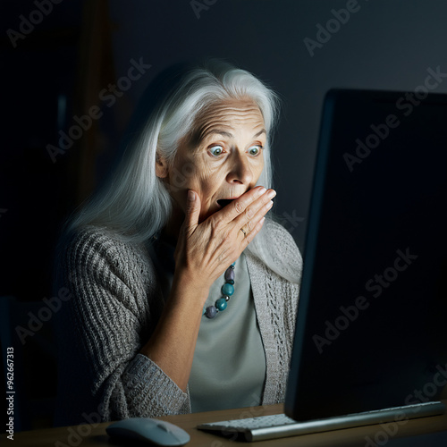 A senior woman, taken aback, covers her mouth with her hand upon discovering a fraudulent website or a phishing email on her computer. photo