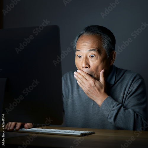 A senior man, taken aback, covers his mouth with his hand upon discovering a fraudulent website or a phishing email on her computer. photo