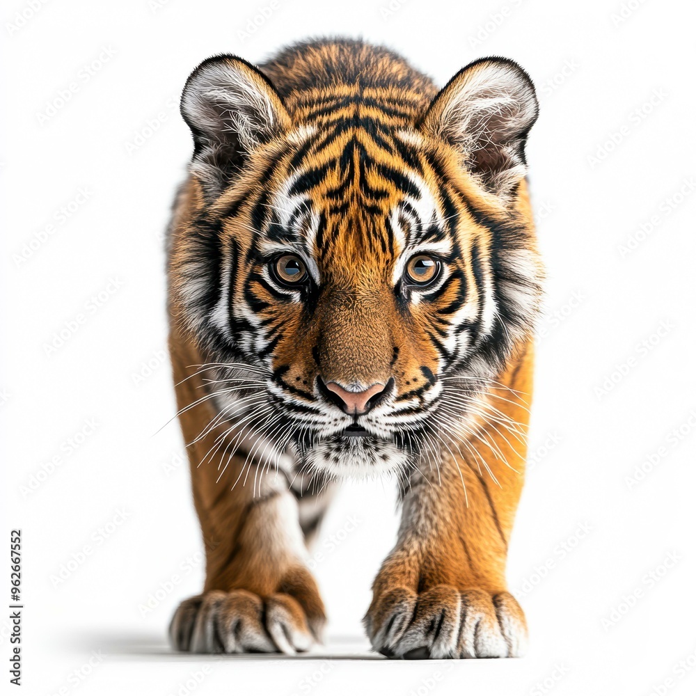 A close-up of a tiger cub walking forward against a white background, showcasing its powerful gaze and beautiful fur patterns, Use for wildlife conservation, educational material A close-up of a tiger cub walking forward against a white background, showcasing its powerful gaze and beautiful fur patterns, Use for wildlife conservation, educational material