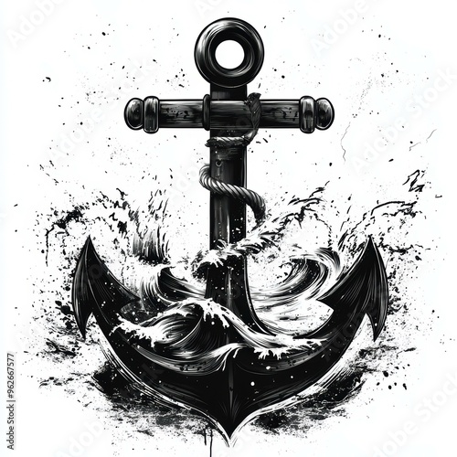 An artistic black and white illustration of an anchor splashing through water, symbolizing stability and strength, ideal for nautical-themed designs, tattoos, and maritime businesses, photo