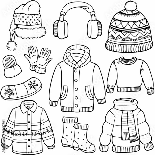 Winter Clothing Set Illustration for Coloring Books and Craft Projects