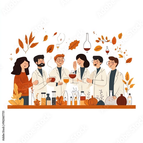 A group of scientists celebrating Thanksgiving in a lab clipart, cozy and intellectual, rich fall colors, digital illustration, isolated on white background