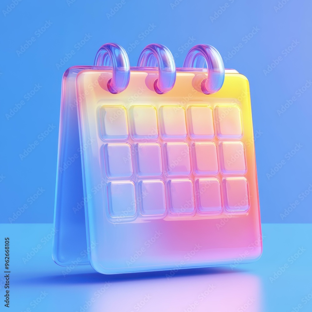 Colorful gradient calendar icon with a futuristic, transparent design, Perfect for tech-related content, event planning visuals, or modern digital interfaces