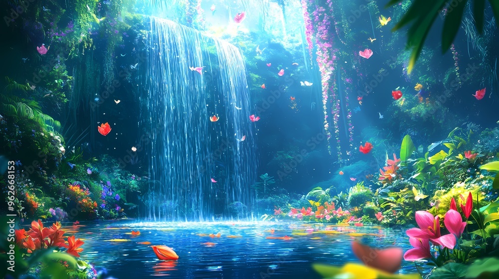 A lush, vibrant jungle scene with a cascading waterfall, surrounded by colorful flowers and butterflies.