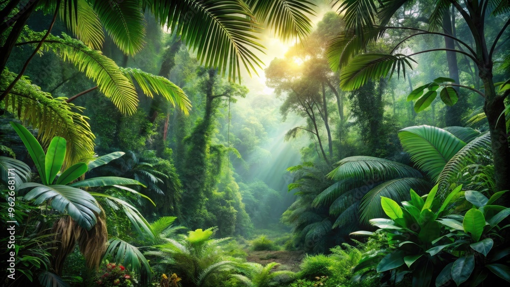 Lush rainforest with dense foliage and diverse wildlife, rainforest, jungle, nature, lush, green, foliage, trees Lush rainforest with dense foliage and diverse wildlife, rainforest, jungle, nature, lush, green, foliage, trees
