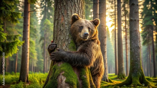 A giant brown bear wraps its massive paws around a majestic tree trunk, symbolizing warmth, protection, and strength in a serene forest landscape.