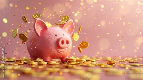 Pink Piggy Bank Surrounded by Falling Golden Coins