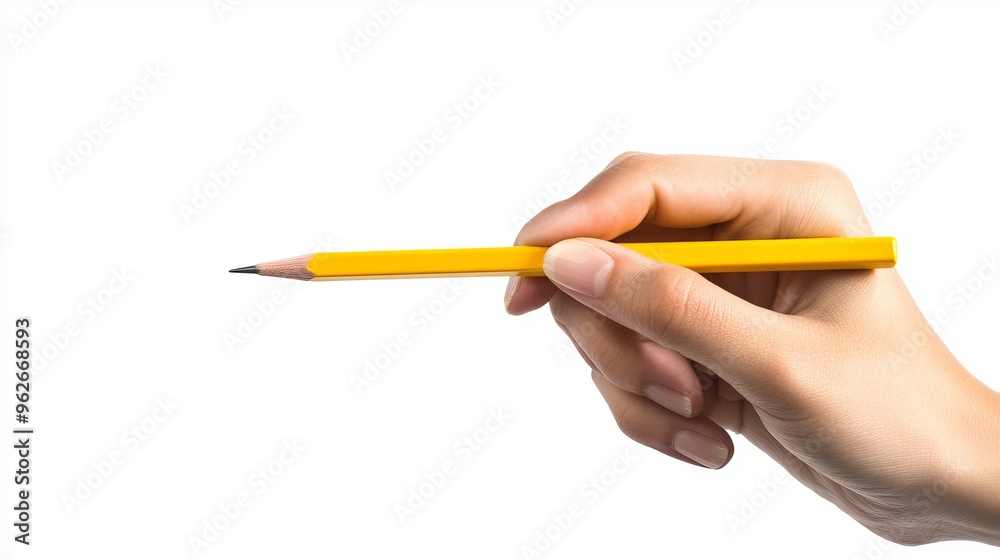 Hand holding a yellow pencil against a blank white background Hand holding a yellow pencil against a blank white background