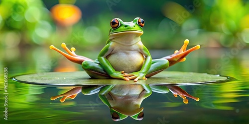 A Green Frog Performs A Yoga Pose On A Lily Pad With Its Legs Crossed And Its Body Stretched Out In A Serene And Tranquil Setting. photo