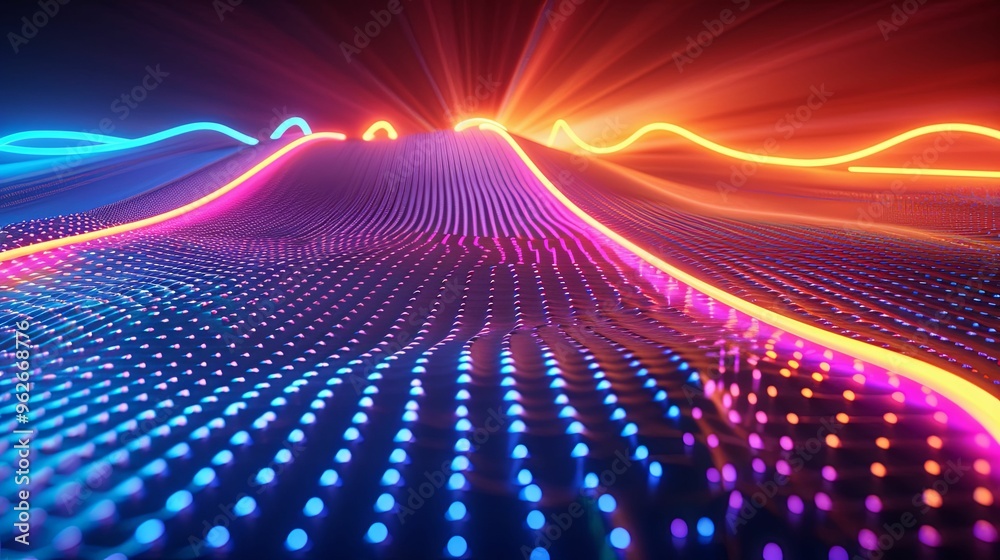 Abstract Neon Lights and Wavy Surface