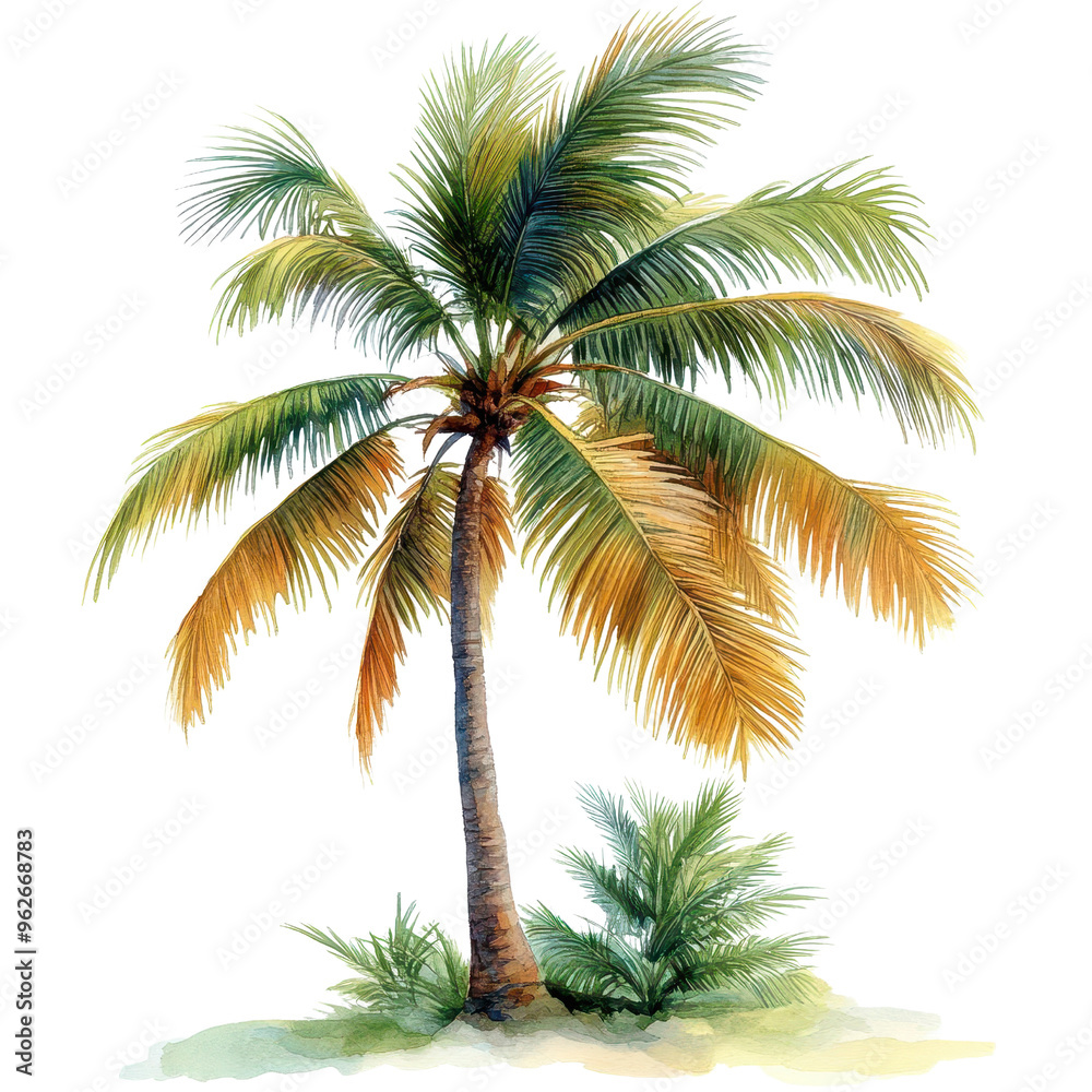 Fototapeta premium Vibrant palm tree illustration showcasing lush green leaves and a tropical ambiance, perfect for nature-themed projects.