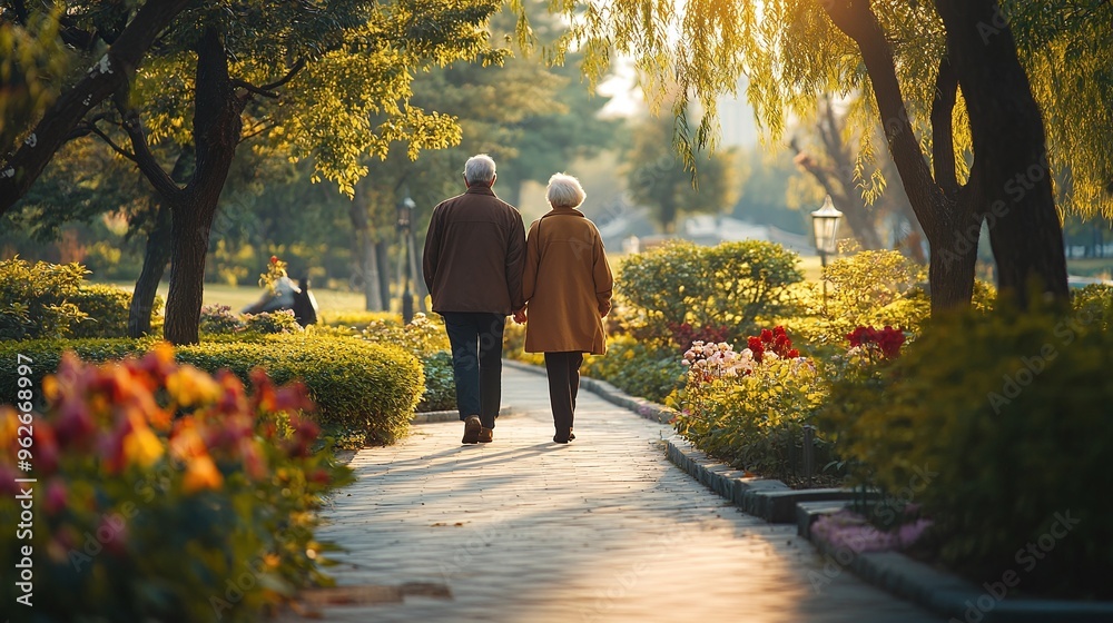 Obraz premium sweet old age couple traveling and relaxing in a beautiful garden park, enjoying a casual and peaceful moment together, embracing a healthy lifestyle and serene outdoor scenery during their retirement
