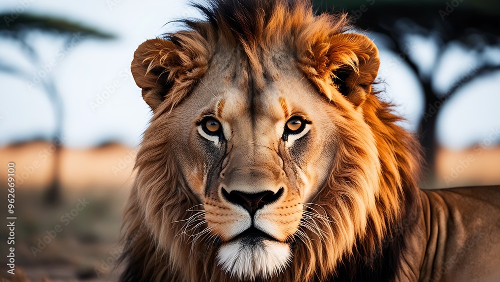 Naklejka premium Immerse yourself in the untamed beauty of the savannah with this stunning close-up portrait of a lion, captured in its most intense and natural form.
