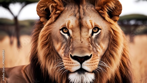 Immerse yourself in the untamed beauty of the savannah with this stunning close-up portrait of a lion, captured in its most intense and natural form.