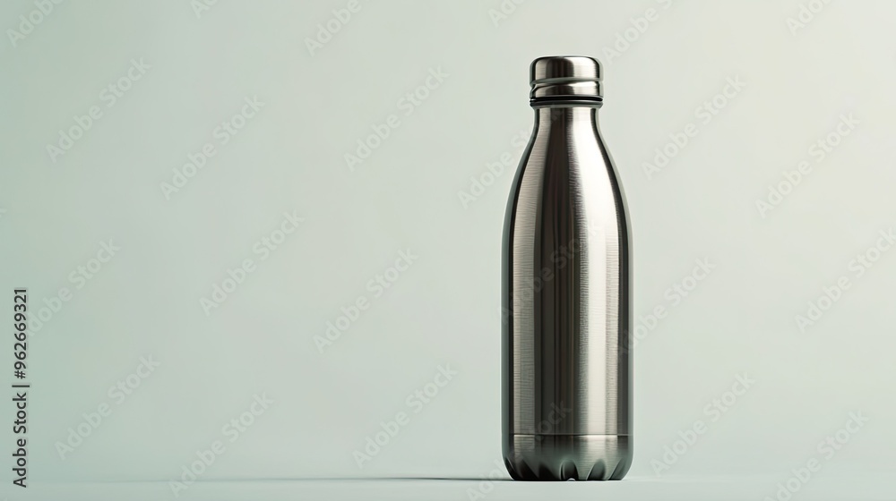 A sleek, metallic water bottle standing upright against a minimalist background. A sleek, metallic water bottle standing upright against a minimalist background.