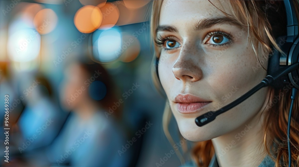 Close-up of a Woman Wearing a Headset, Focused on Her Work Close-up of a Woman Wearing a Headset, Focused on Her Work