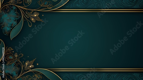 Elegant teal and gold background with intricate floral designs.