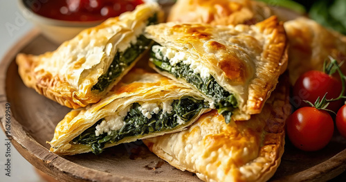 Plate Of Delicious Spanakopita Triangles With Spinach Feta and Aromatic Herbs