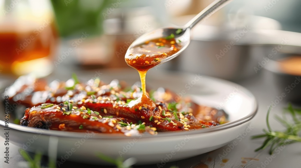 Φωτογραφία Tamarind sauce used in a marinade for pork ribs, capturing the contrast between the sauce and the meat