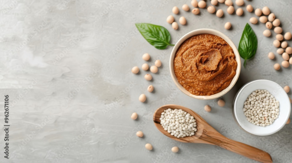 Fototapeta premium Recipe card for homemade soybean paste (doenjang) with ingredients and preparation steps around a bowl of paste.