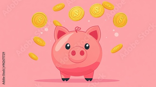 Pink piggy bank with a dollar coin in a flat vector illustration representing the concept of saving investing and accumulating money